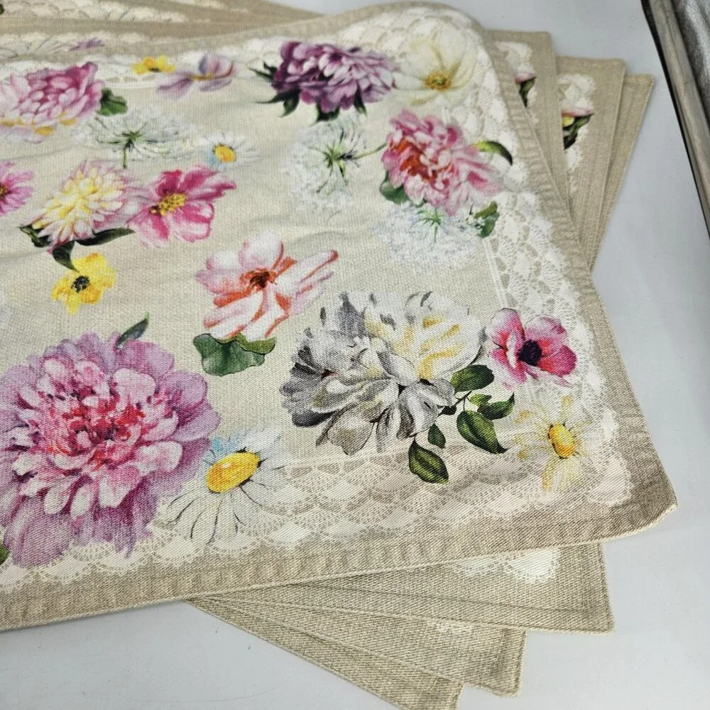 Maison D' Hermine Spring Pink Floral Cotton Placemats Set 4 Dining Table Decor